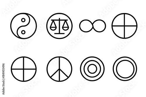The image is a collection of various symbols, including a peace sign, a yin