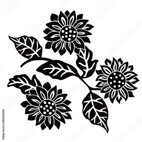 Sunflower Icon Set. Autumn Natural Elements. Black and White. Hand Drawn Vector Illustration. Greeting Card Design Template. Decoration Concept