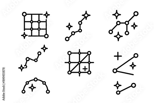 Set of six different star shapes are drawn in black