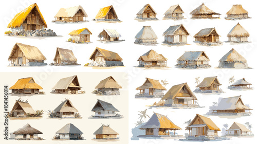Watercolor illustration set of traditional thatched huts and rural houses showing natural materials and simple construction styles for cultural and village concepts