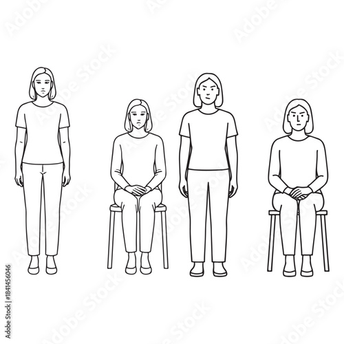 Women in view, frontal view, standing and sitting line art vector