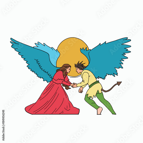 Female Angel with Blue Wings and Male Devil with Red Tail Holding Hands in Symbolic Agreement – Good and Evil Compromise Illustration