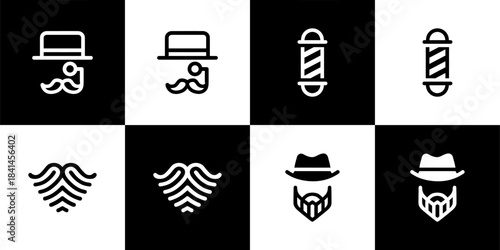 Vector Set of 4 Black and White Barbershop and Grooming Icons. Gentleman, Moustache, Barber Pole, and Beard Symbols in Outline Style.