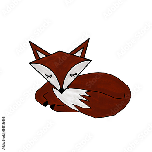 illustration of a sleeping fox, drawn in a geometric or cartoonish "low poly" style. This style is often associated with origami or papercraft, with its angular shapes and solid areas of color.