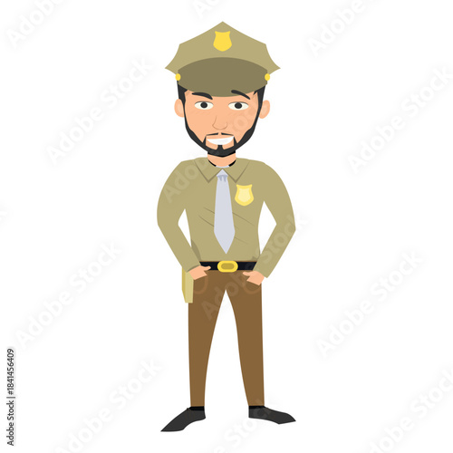 Confident sheriff character standing with hands on his belt near his gun holster