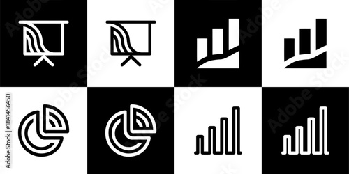 Vector Set of 4 Black and White Data Analysis and Presentation Icons | Graph, Pie Chart, Bar Chart, Statistic Symbols
