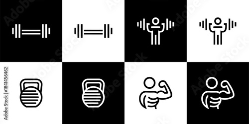 Vector Set of 4 Black and White Fitness and Gym Icons: Barbell, Kettlebell, Weightlifter, and Bodybuilder Muscle Flex