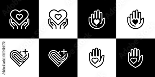 Vector Set of 4 Black and White Line Icons for Care, Health, Charity, and Love, including Hands Holding Heart Symbols
