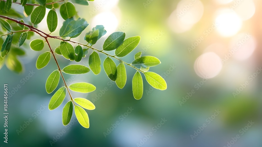 Fototapeta premium Detailed view of a lush green branch with fresh leaves bathed in warm sunlight set against a soft out of focus bokeh background of natural light and foliage