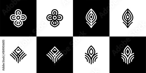 Vector Set of 4 Black and White Minimalist Abstract Monoline Logos - Elegant Flower and Growth Symbols