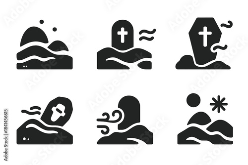 Series of black and white icons depicting various natural disasters