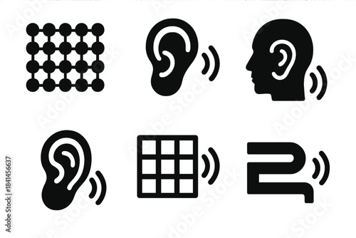 Series of black and white icons that represent different types of sound