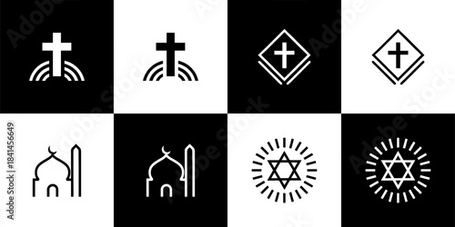 Vector Set of 4 Black and White Religious Icon Designs: Christianity, Islam, and Judaism Symbols Collection