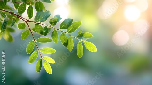 Detailed view of a lush green branch with fresh leaves bathed in warm sunlight set against a soft out of focus bokeh background of natural light and foliage