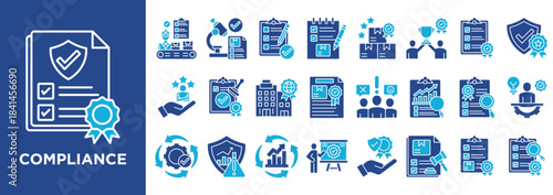 Compliance icon collection set. Containing design compliance, regulation, audit, policy, rules, document, checklist