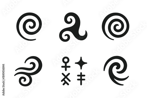 Series of black and white swirls and symbols
