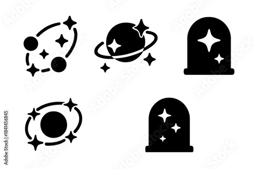 Series of black and white illustrations of planets and stars