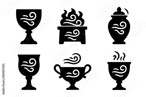 Set of six black and white icons of various shapes and sizes
