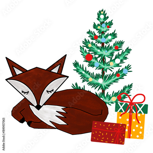 Vector of a brown fox curled up sleeping next to a decorated Christmas tree and some wrapped presents. Illustration for greeting cards, Christmas festive season prints.