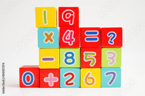 Number wood block cubes for learning Mathematic, education math.