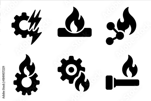 Series of black and white icons that represent different aspects of fire