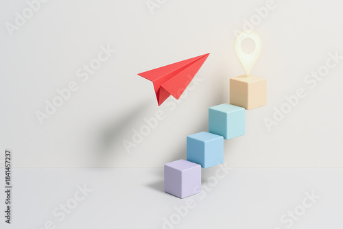 Red paper airplane flying toward location marker above pastel step cubes symbolizing self learning development progress and goal oriented growth