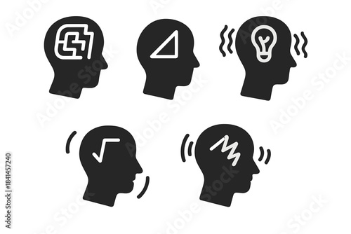 Five different heads with various expressions, including a lightbulb, a square