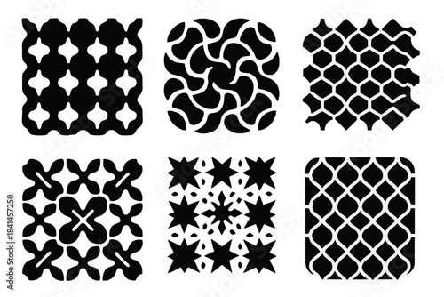 Series of black and white patterns, each with a unique design