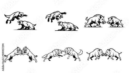 Sequence of a charging bison illustration with a vintage woodcut style aesthetic
