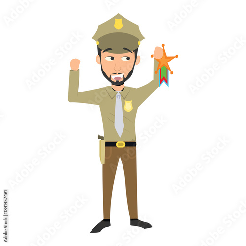 Proud sheriff holding up a gold star badge. Concept of authority and law
