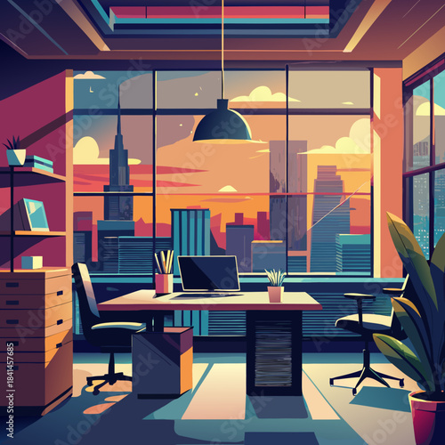 Office space with sunset view over city skyline during evening hours Generative AI