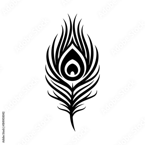 Black and white floral tattoo design vector illustration with swirls, leaves, and vintage tribal style ornamentation. PEACOCK FEATHERS