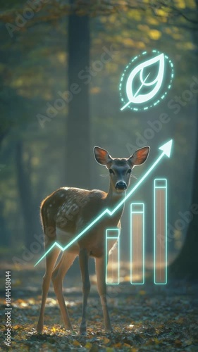 A deer stands peacefully in a forest clearing as soft eco infographics appear, illustrating habitat sustainability for environmental branding visuals.