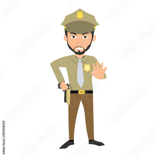 Sheriff reaching for his gun holster while making a caution gesture. Concept of danger