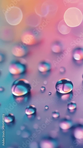 Colorful droplets glide softly across a smooth surface in a serene macro scene, creating elegant patterns that evoke tranquility and artistic inspiration