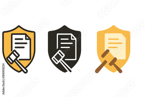 Three different shields with a gavel on the top one