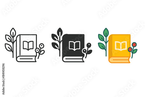 Three different colored books with leaves on the cover