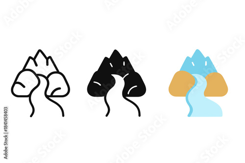 Three different landscapes, each with a river running through it