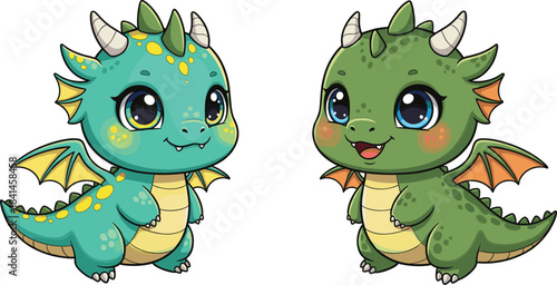 Adorable baby dragons in vibrant colors with wings and horns, cute cartoon fantasy creatures perfect for kids’ designs and artwork