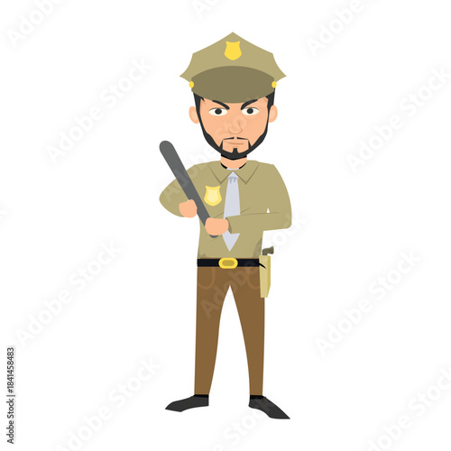 Sheriff character holding a black baton or nightstick weapon. Concept of security enforcement