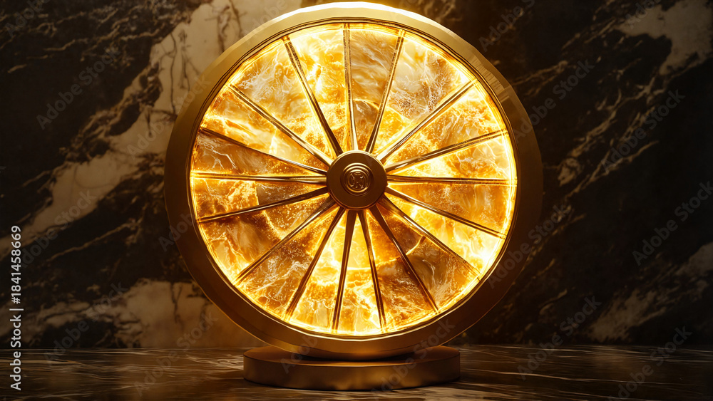 Obraz premium Wheel of Samsara, Wheel of Time , Wheel of Fortune, esoteric blogs, fortune teller community, fantasy sites, rich atmosphere, illuminated golden wheel, marble background, artistic display, copy space