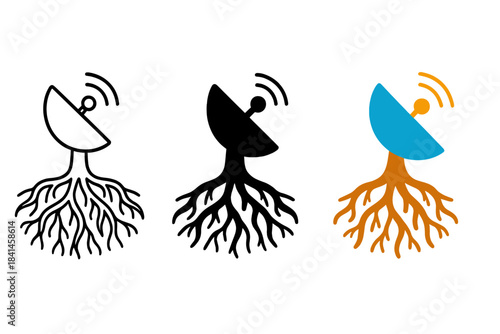 Three different images of a satellite with roots