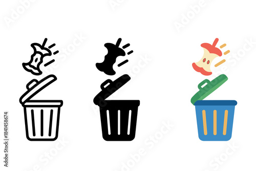 Three different trash cans with one of them being open