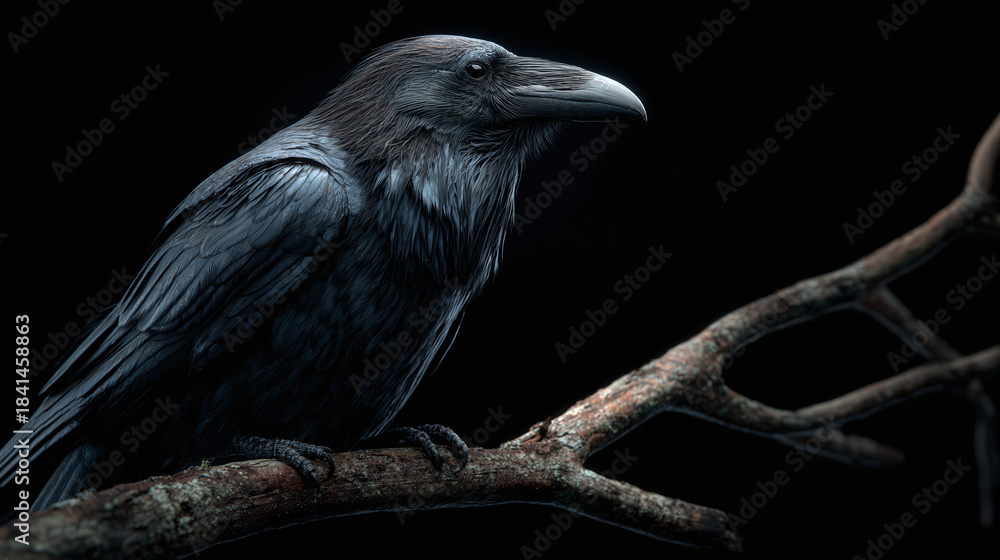 Obraz premium A majestic raven perched on a tree branch, its dark plumage contrasting against the shadowy background