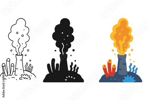 Three different scenes of a volcano