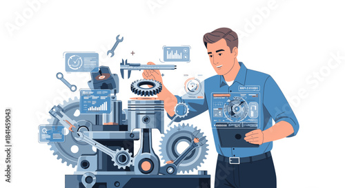 An engineer in a blue shirt examines a tablet while standing next to a complex industrial machine with various tools and a grandfather clock in the background, conveying a sense of industry