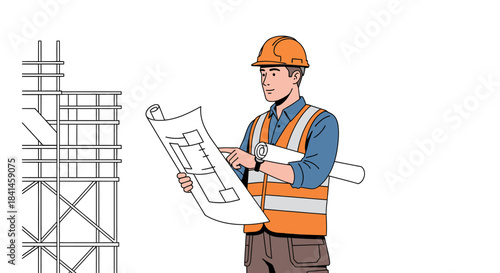 An engineer in an orange safety vest reviews blueprints next to a scaffolding structure in an industrial setting with a focus on engineering and industry.