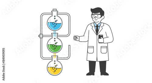 An engineer in a white lab coat standing next to a colorful industrial apparatus with three flasks in a clean, modern setting with a focus on engineering and industry.
