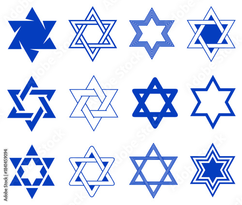 Group of different blue stars. Star of David illustrations isolated on white background