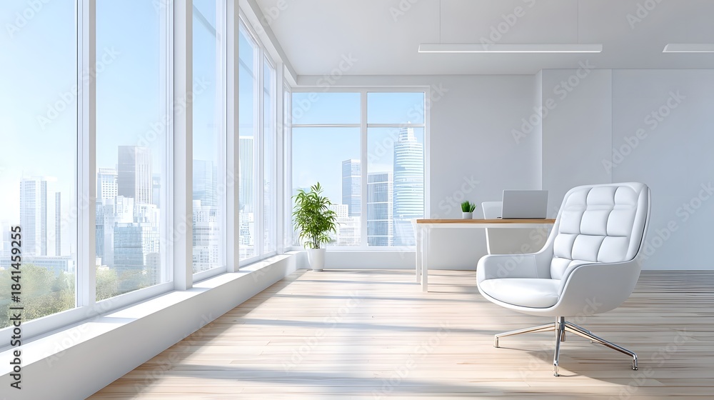 Fototapeta premium Spacious and sunlit contemporary office space with hardwood floors a sleek desk a comfortable chair and expansive showcasing a vibrant urban skyline
